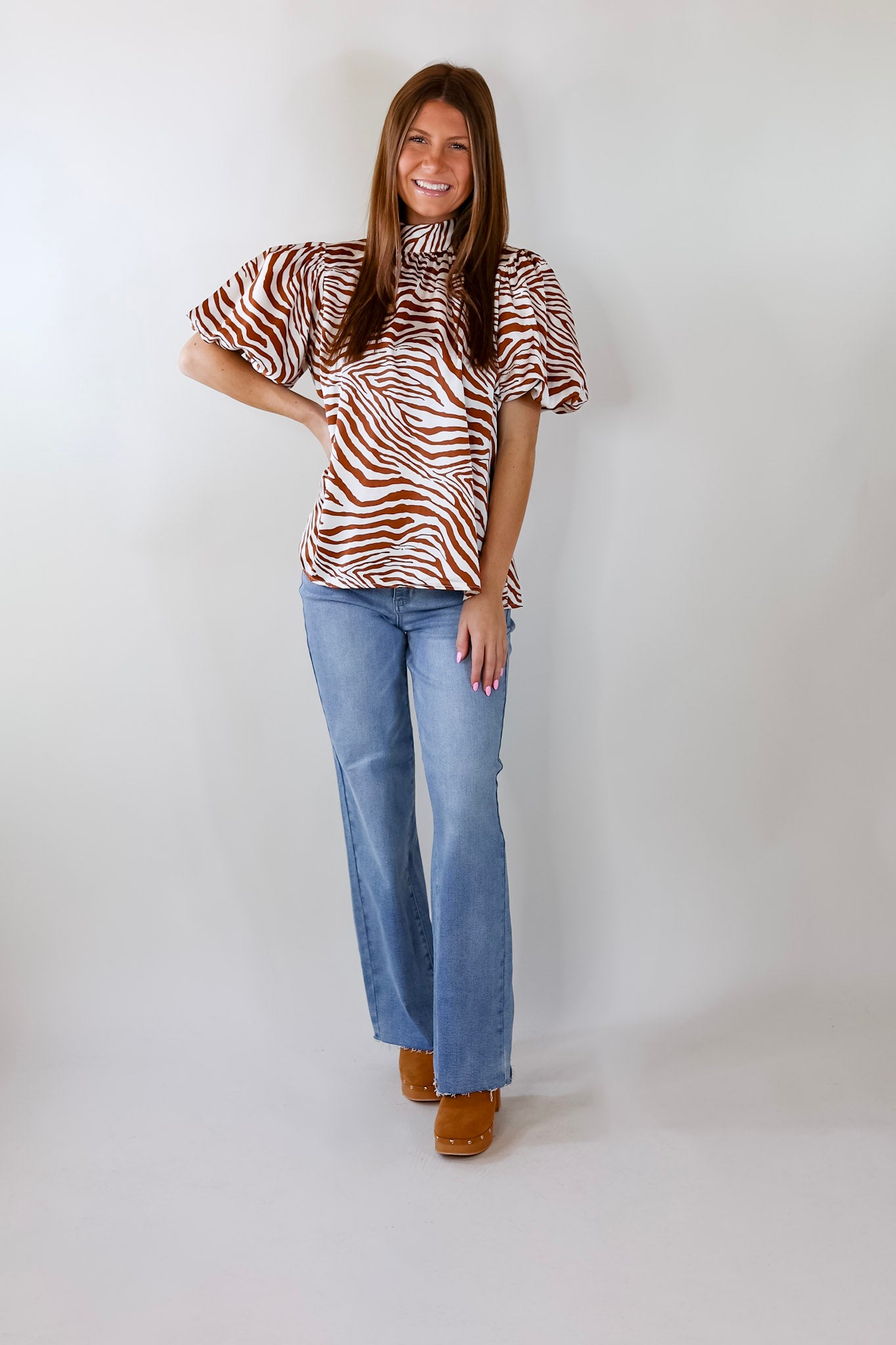 Rival Flair Zebra Print Top with Mock Neck in Ginger and White - Giddy Up Glamour Boutique