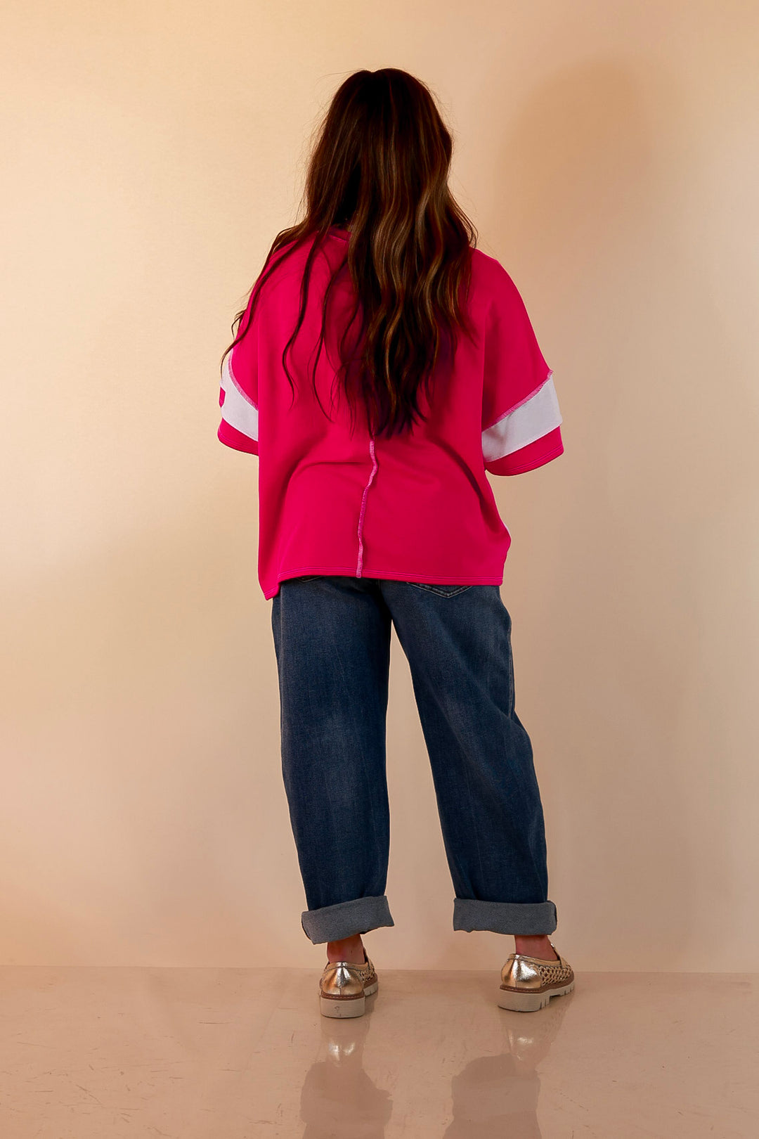 Simply Styled Color Block Rugby Style Relaxed Short Sleeve Top in Hot Pink