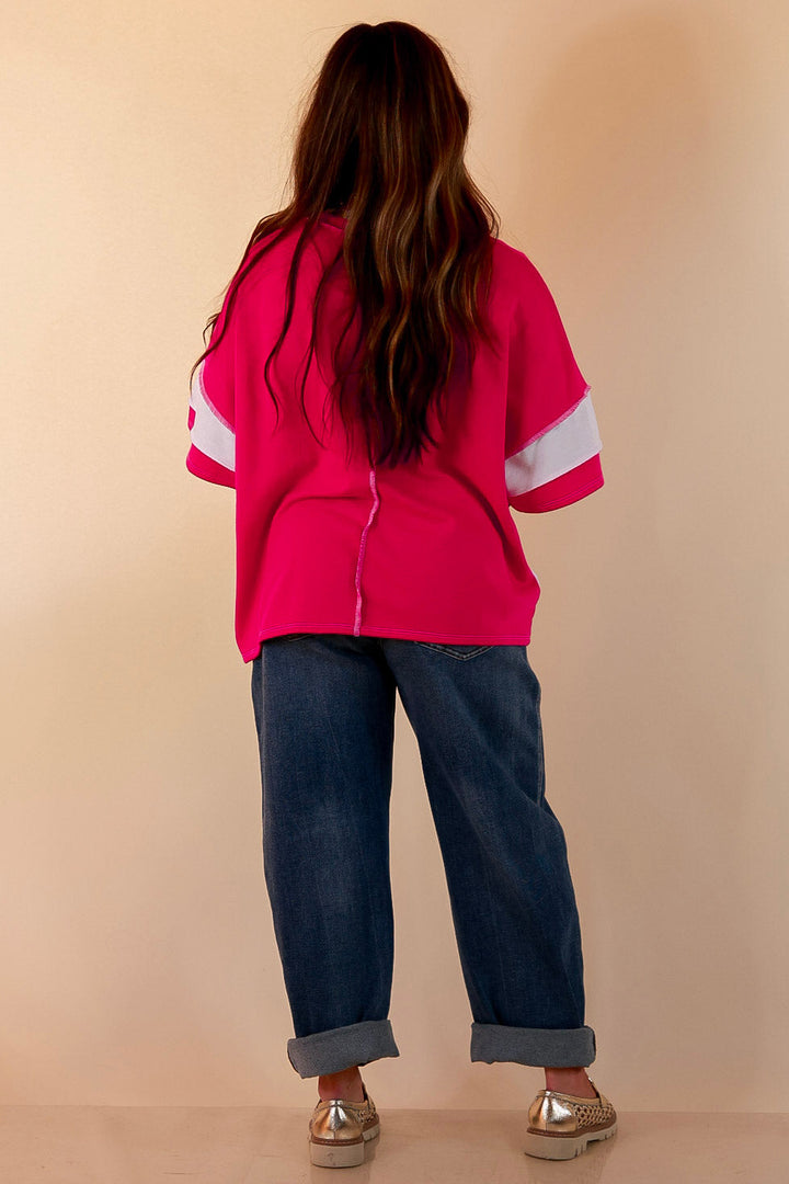 Simply Styled Color Block Rugby Style Relaxed Short Sleeve Top in Hot Pink