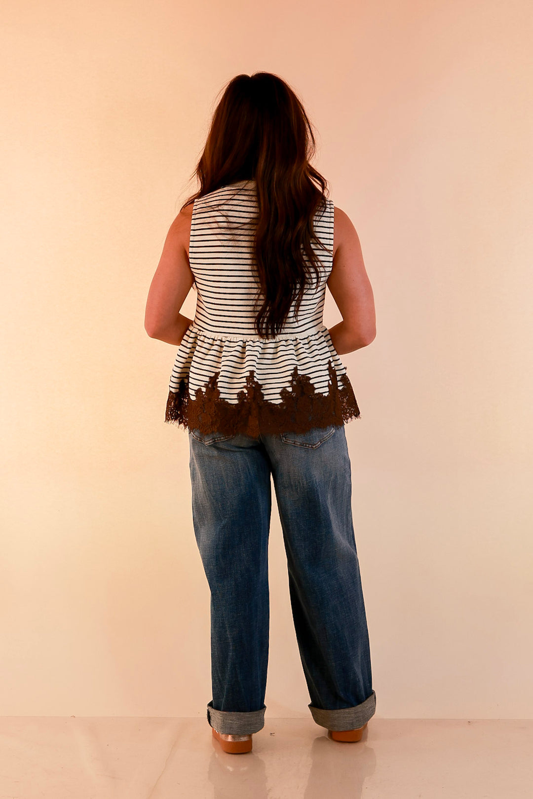 Sweet on Style Striped Peplum Sleeveless Tank Top with Lace Trim Detailing in Ivory and Chocolate Brown