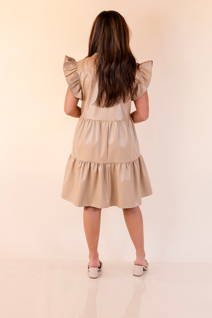 Magnolia Morning Ruffle Cap Sleeve Faux Leather Short Dress in Cream