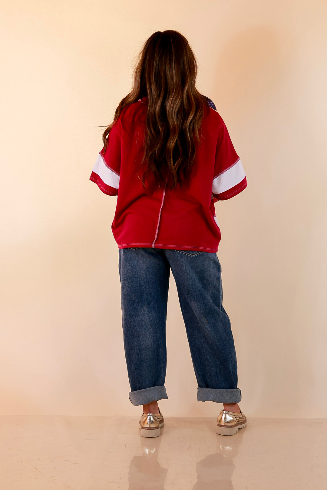 Simply Styled Color Block Rugby Style Relaxed Short Sleeve Top in Magenta Purple