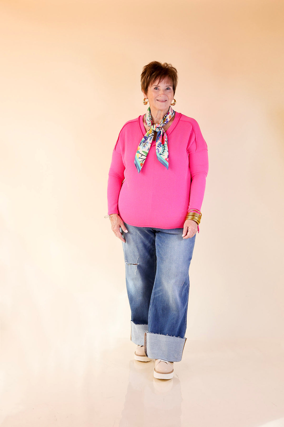 Daily Perfection V-Neck Long Sleeve Ribbed Top in Hot Pink