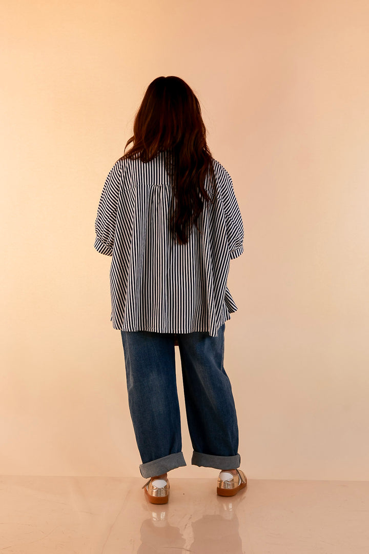 Perfectly Aligned Button Down Collared Top with Vertical Ivory Stripe Detail in Navy Blue