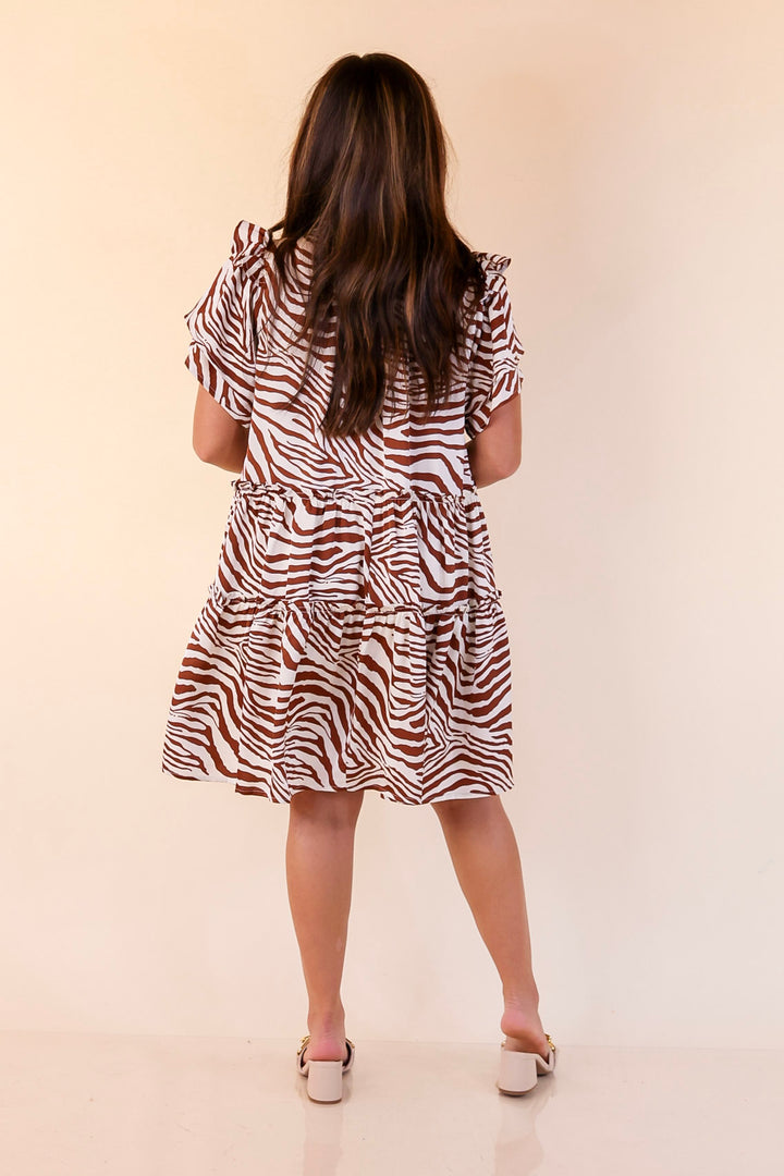 If You Dare Zebra Print Tiered Dress in Ginger Brown and White