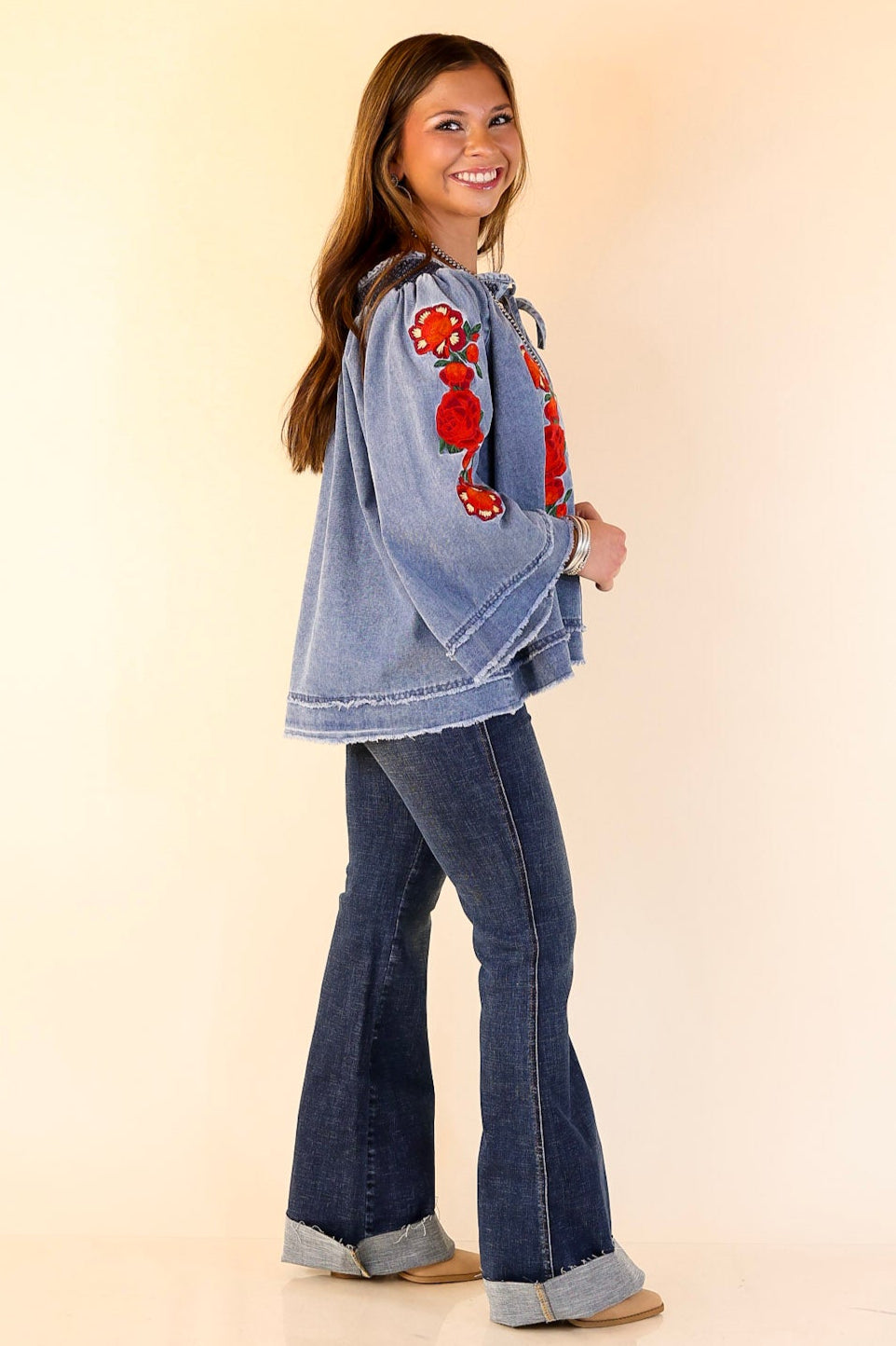 Rodeo Quincy | Tia Carmen Flowy Denim Blouse with Red Rose Embroidery