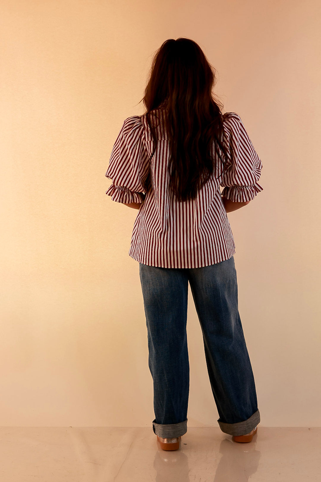 Made You Look Striped Ruffle Front and Sleeve Detailing with Puff Sleeves Blouse in Maroon and Ivory