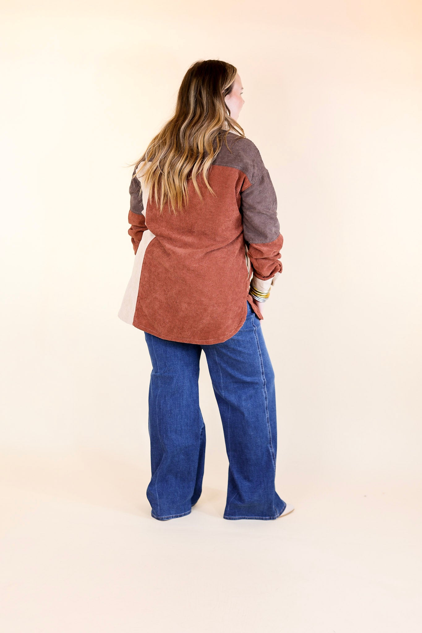 Casual Cuddles Color Block Corduroy Shacket in Brown Mix