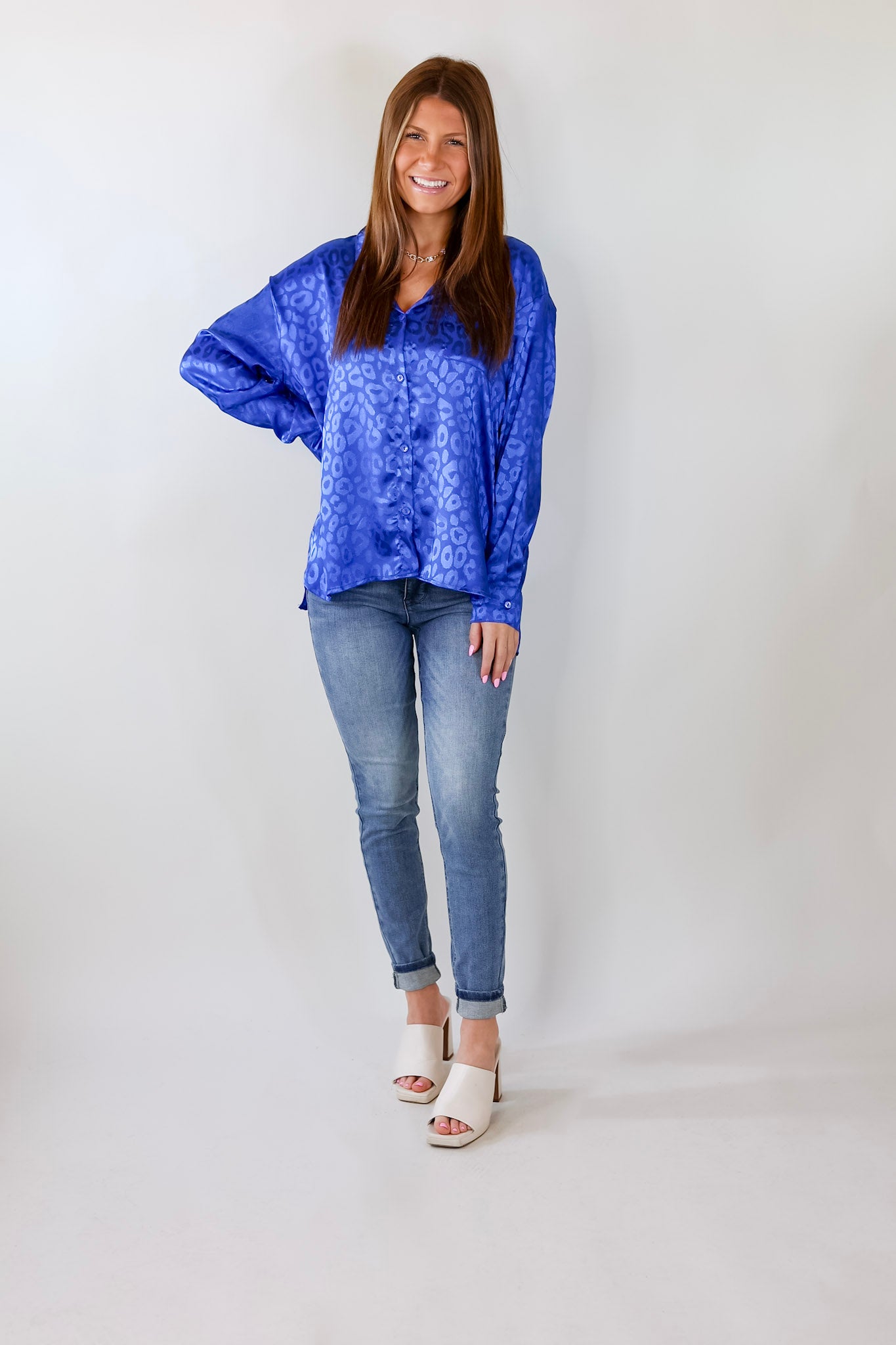 Top It Off Long Sleeve Button Up Satin Leopard Top in Blue - Giddy Up Glamour Boutique