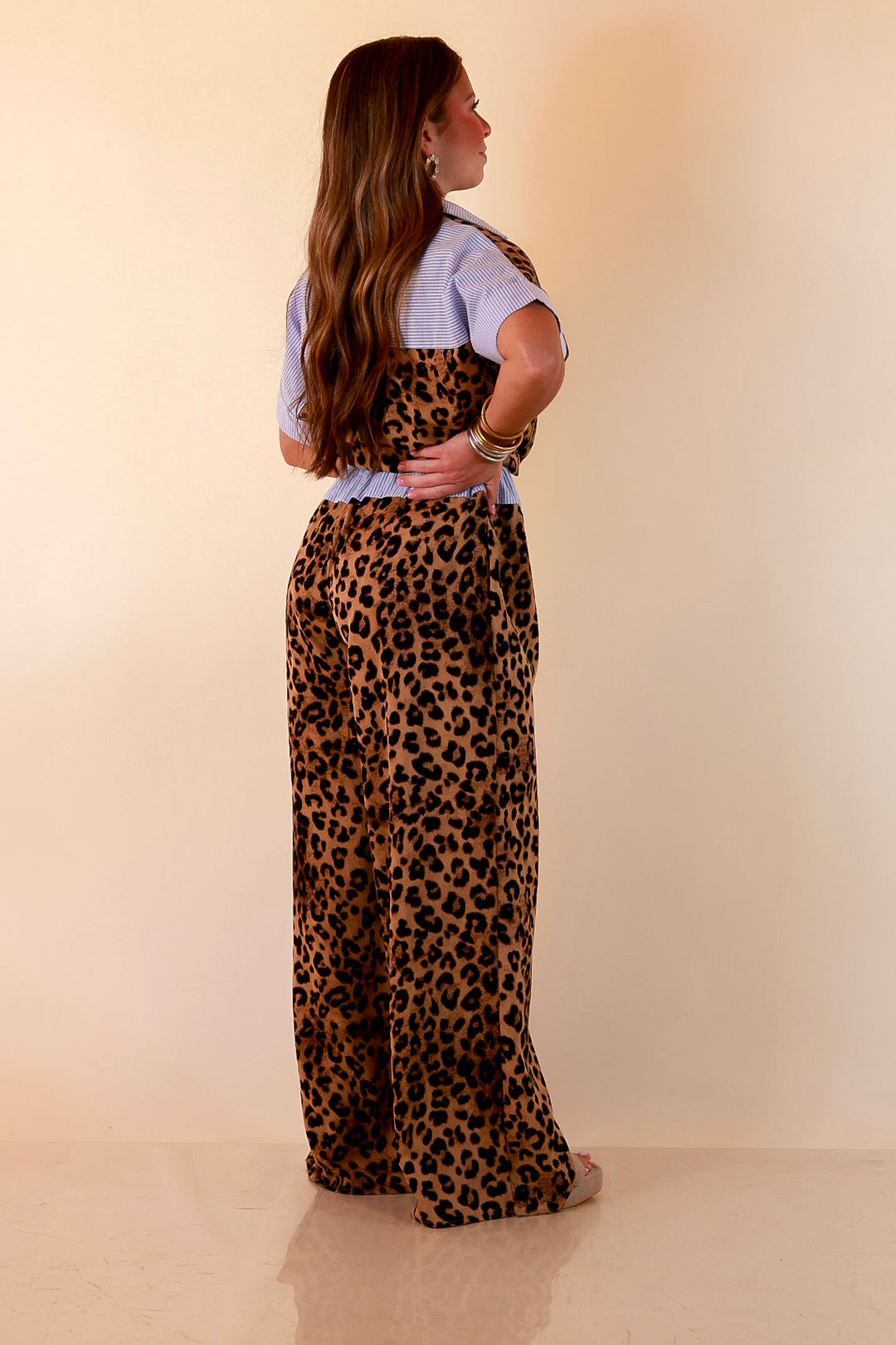 Relaxed Refinement Blue Stripe Detail Button Front Collared Top with Matching Wide Leg Pants Set in Leopard Print