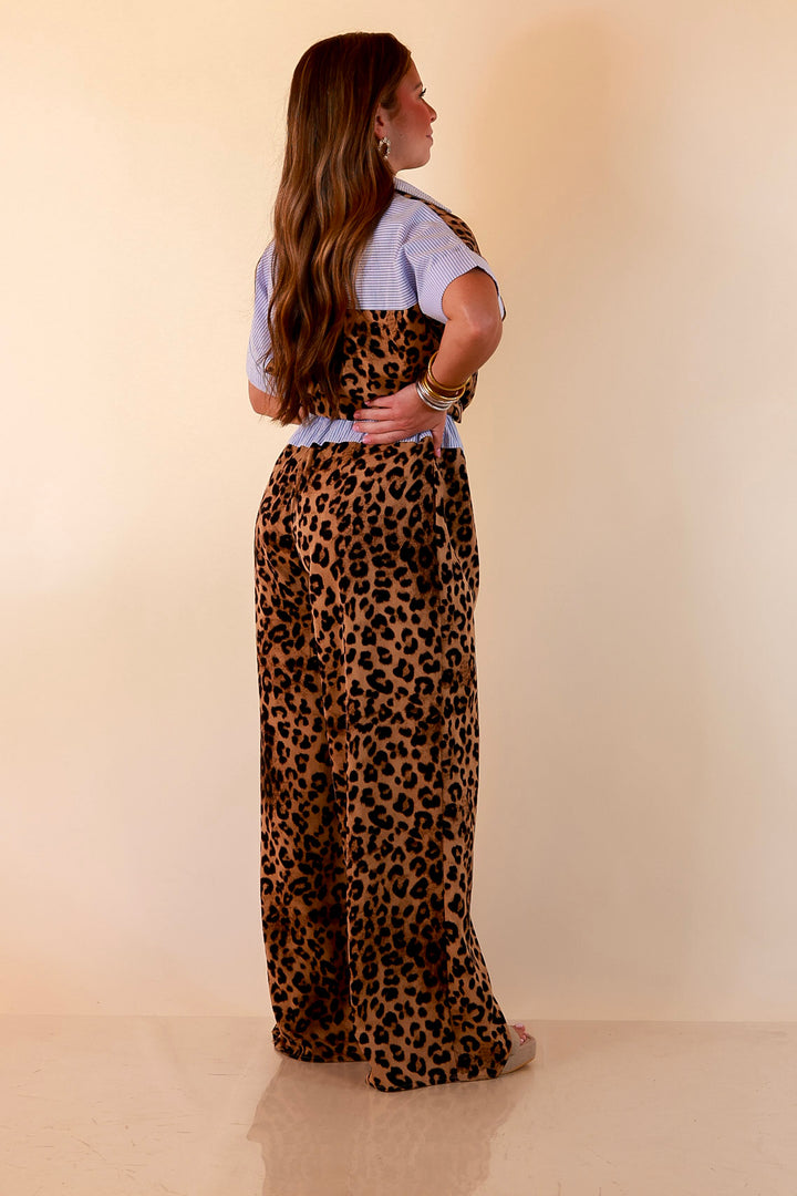 Relaxed Refinement Blue Stripe Detail Button Front Collared Top with Matching Wide Leg Pants Set in Leopard Print