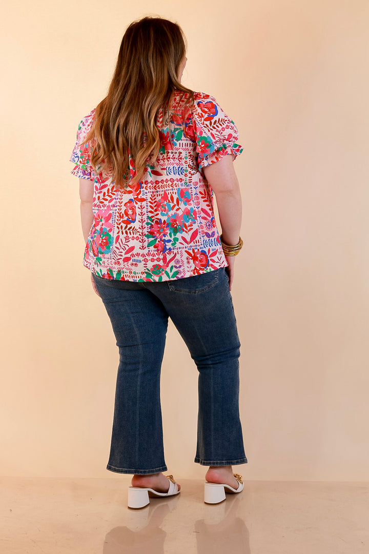 Blooming Grace Floral Print Top with Split Neckline and Puff Sleeves in Blush Mix