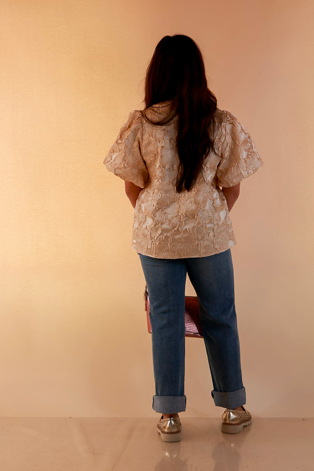 Pretty in Practice Textured Floral Print Puff Sleeve Blouse in Champagne Ivory