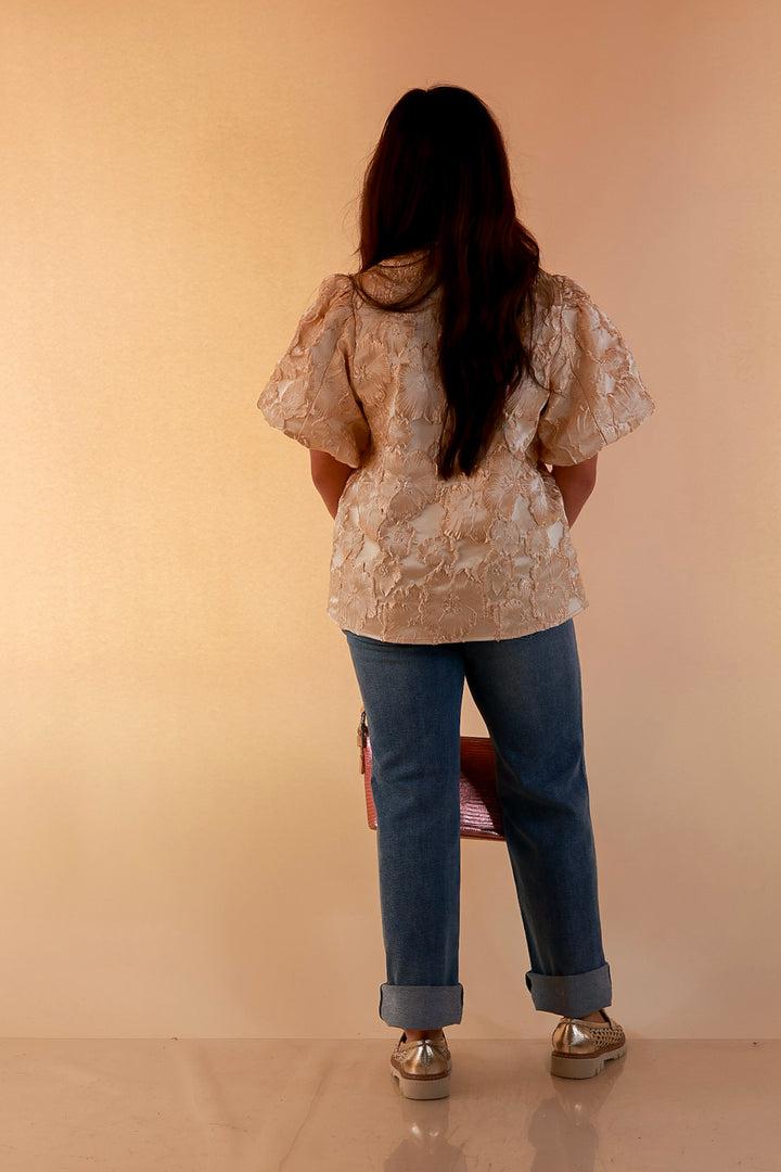 Pretty in Practice Textured Floral Print Puff Sleeve Blouse in Champagne Ivory