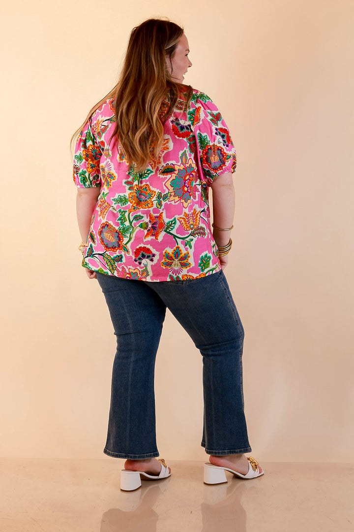 Petal Pop Floral Print Ruffle Front Button Up Top with Puff Sleeves in Pink