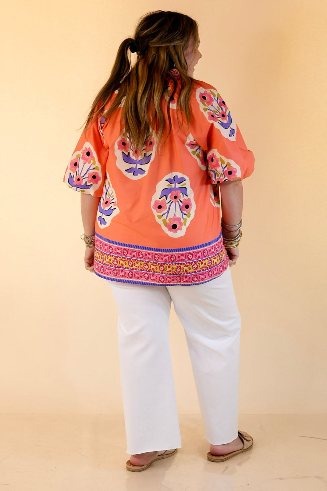 Twirling Tulips Floral Print A-line Top in Coral And Purple