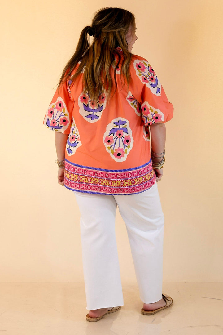 Twirling Tulips Floral Print A-line Top in Coral And Purple