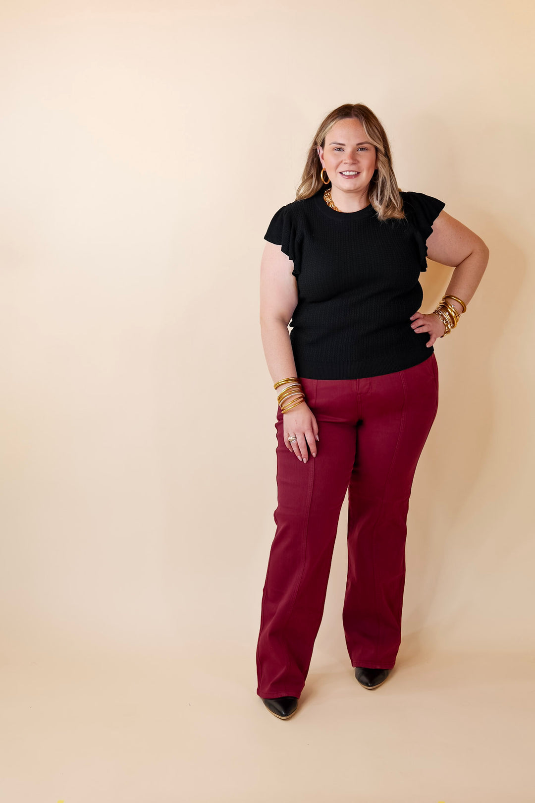 Coffee Date Knit Top With Ruffled Sleeves in Black - Giddy Up Glamour Boutique