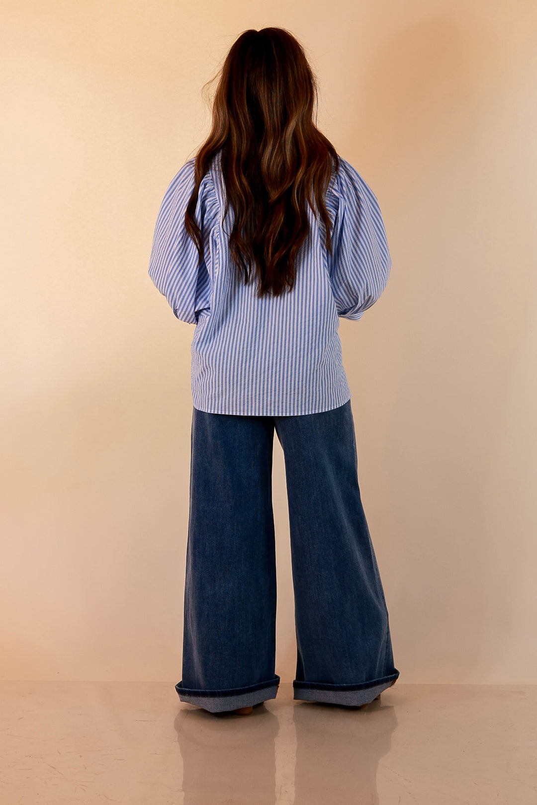 Crisp and Collected Stripe Button Front Collared Top with Puff Short Sleeves in Blue and White