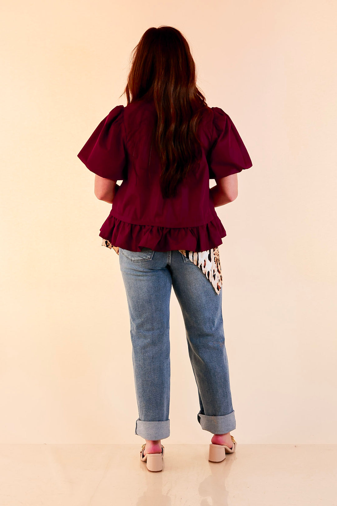 Present Company Solid Button Down Peplum Bubble Sleeve Tie Collar Top in Maroon