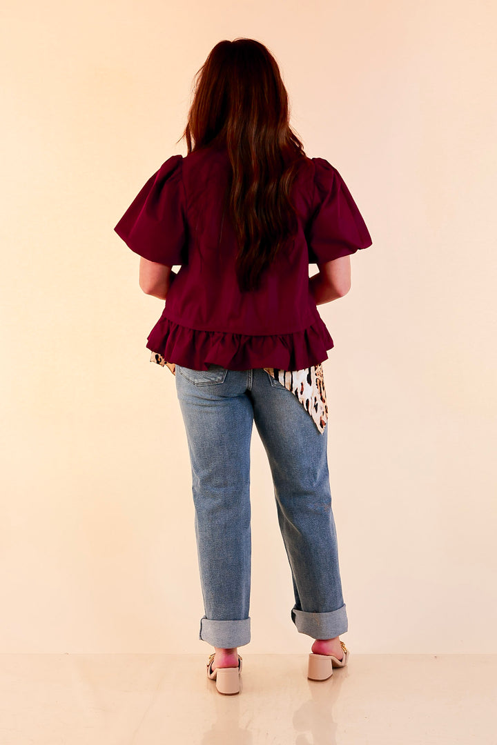 Present Company Solid Button Down Peplum Bubble Sleeve Tie Collar Top in Maroon