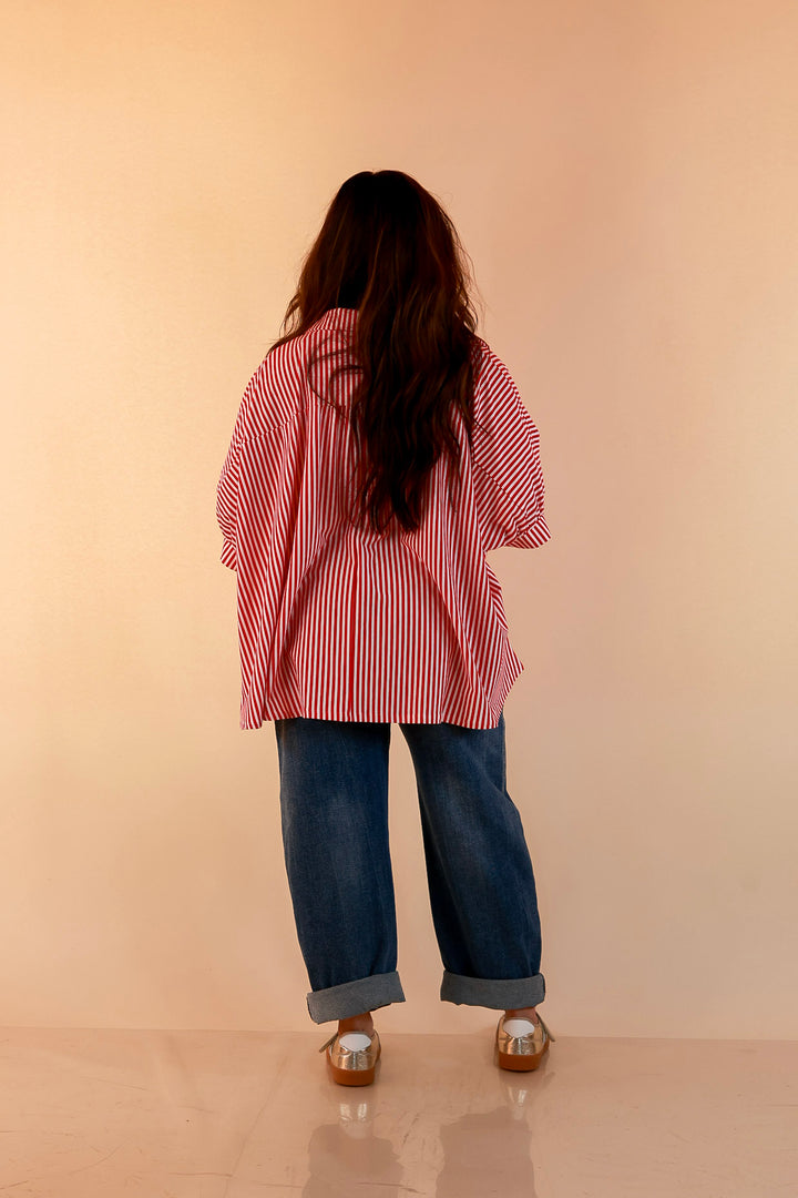 Perfectly Aligned Button Down Collared Top with Vertical Ivory Stripe Detail in Red