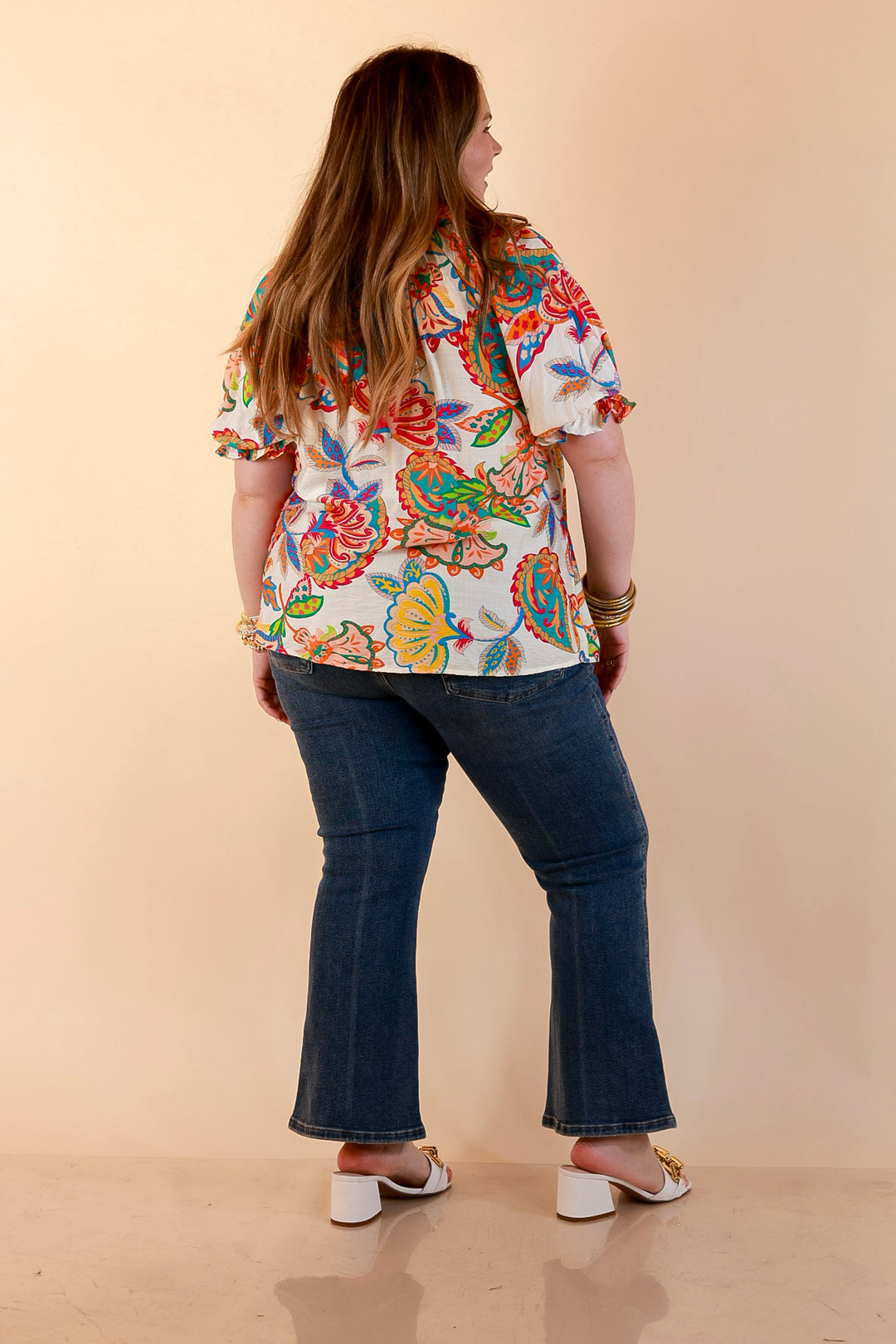Bold Escape Floral Print Lace Front Top with Collar and Puff Sleeves in Cream Mix