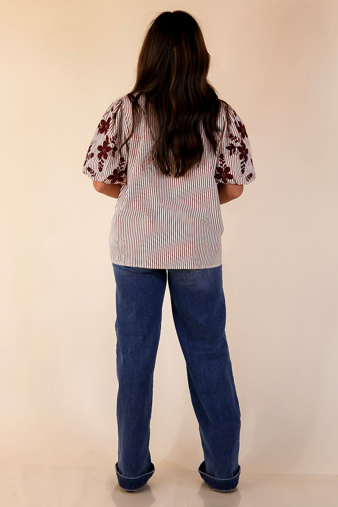 Sweet Intentions Button Down Striped Top with Puff Embroidered Sleeves in Maroon