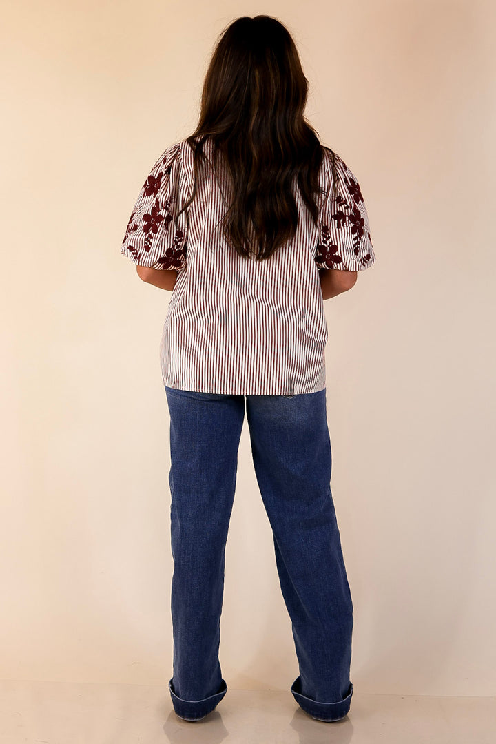 Sweet Intentions Button Down Striped Top with Puff Embroidered Sleeves in Maroon