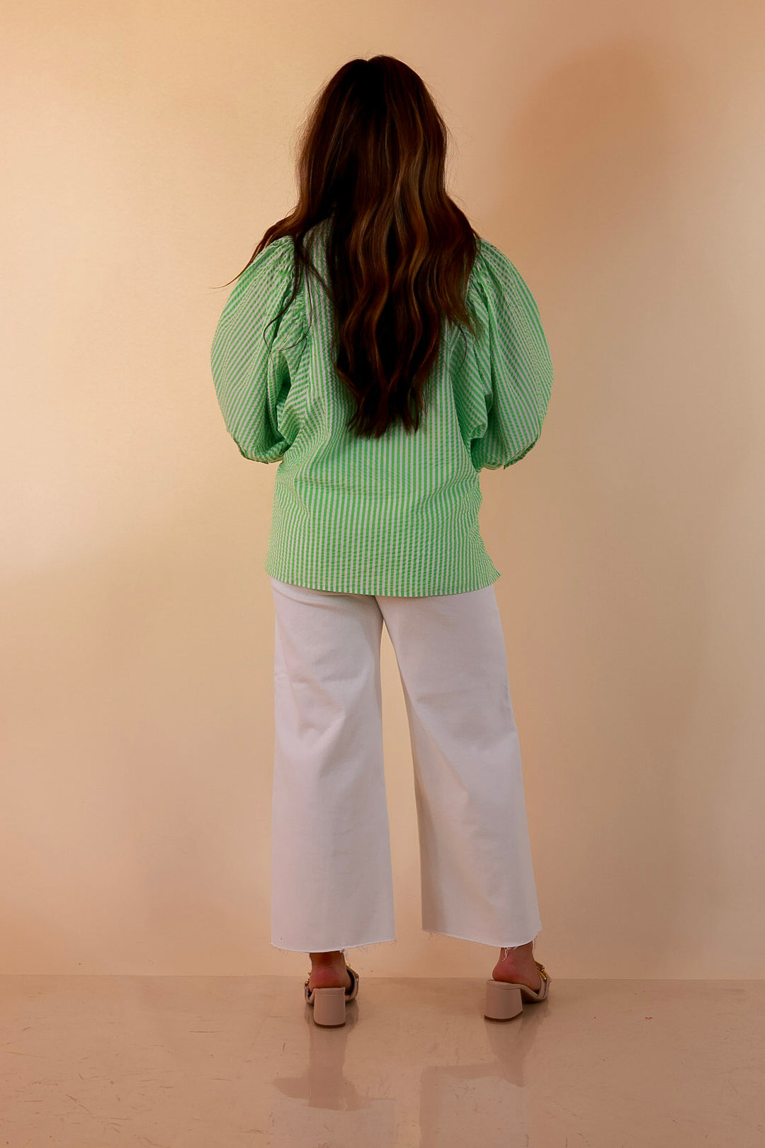 Crisp and Collected Stripe Button Front Collared Top with Puff Short Sleeves in Lime Green and White