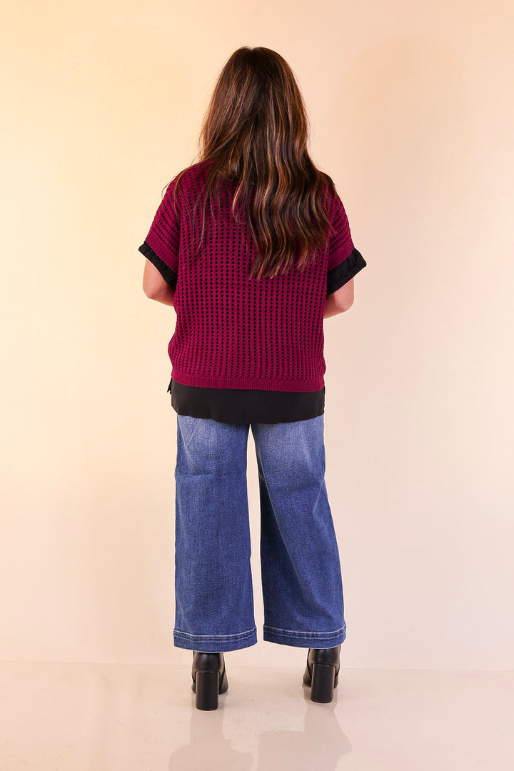 Breezy Intentions Open Knit Short Sleeve Sweater in Maroon