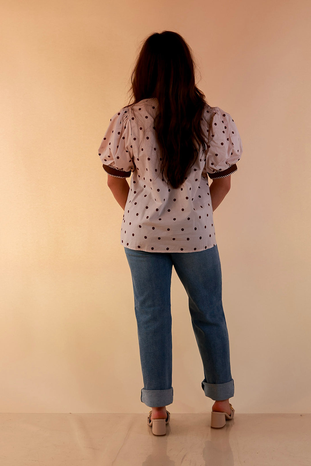 Pop of Polish Short Puff Sleeve Button Front Polka Dot Print Top with Contrast Trim in Ivory and Chocolate Brown