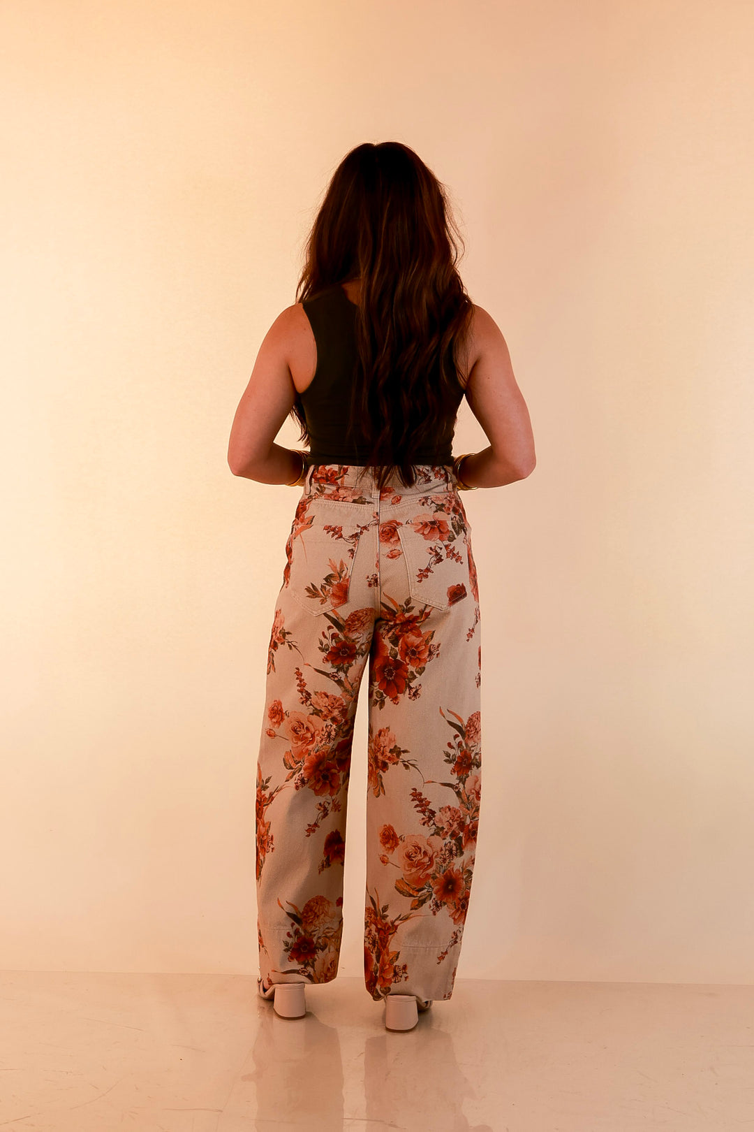 Made to Flourish Floral Print Wide Leg Denim Pants with Front Seam in Tan and Rust
