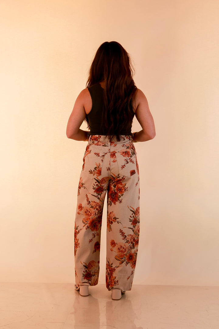 Made to Flourish Floral Print Wide Leg Denim Pants with Front Seam in Tan and Rust