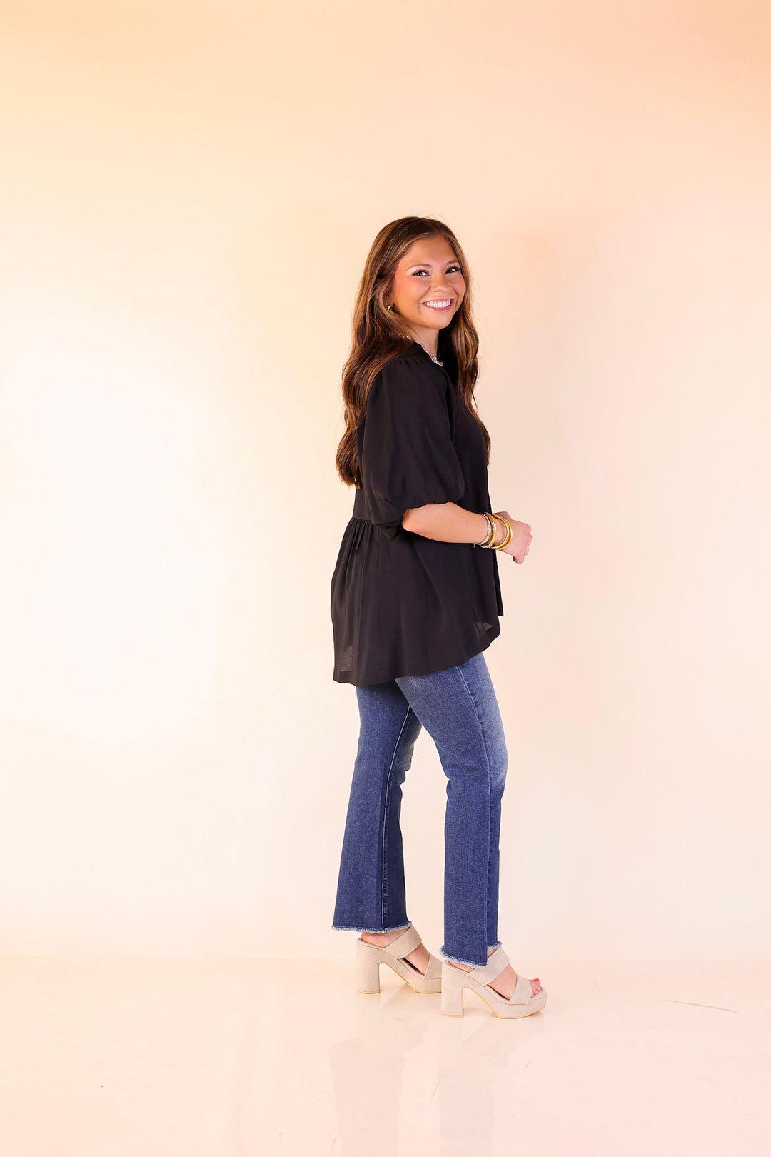 Crush on Classic Flowy Blouse with Smocked Yoke in Black