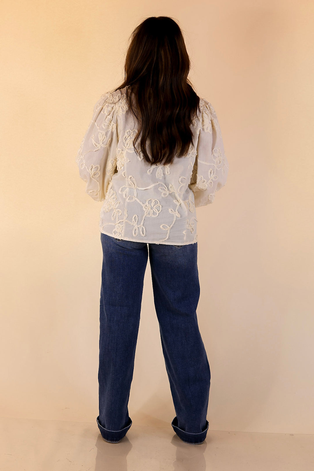 Timeless Romance Ruffled V Neck Floral Applique Embroidered Top in Cream