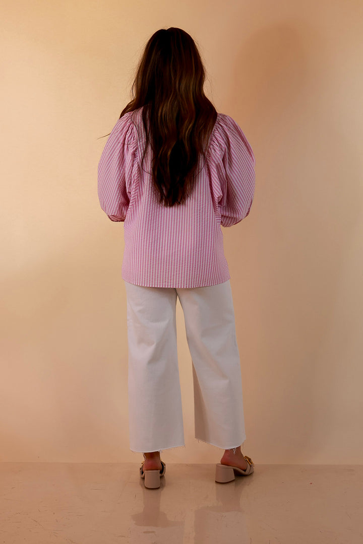 Crisp and Collected Stripe Button Front Collared Top with Puff Short Sleeves in Pink and White