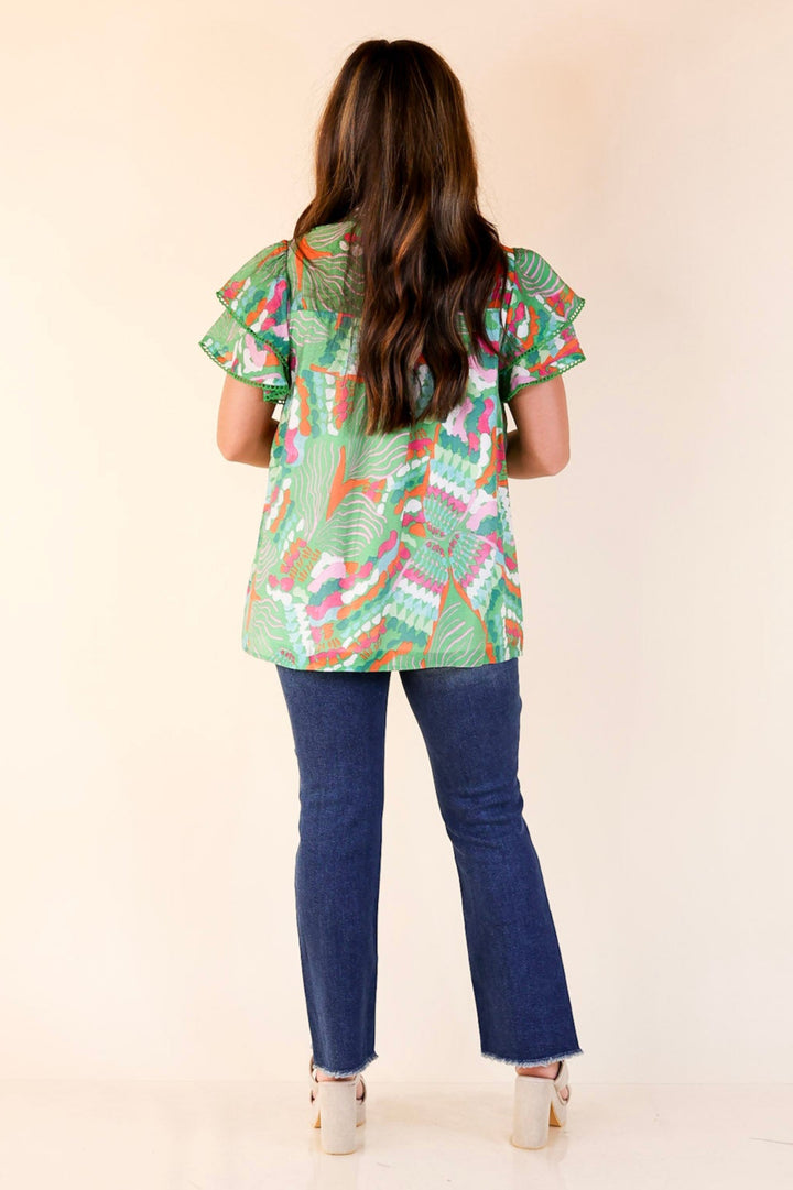 Lovely Dreams Abstract Print Blouse with Lace Detailing in Green