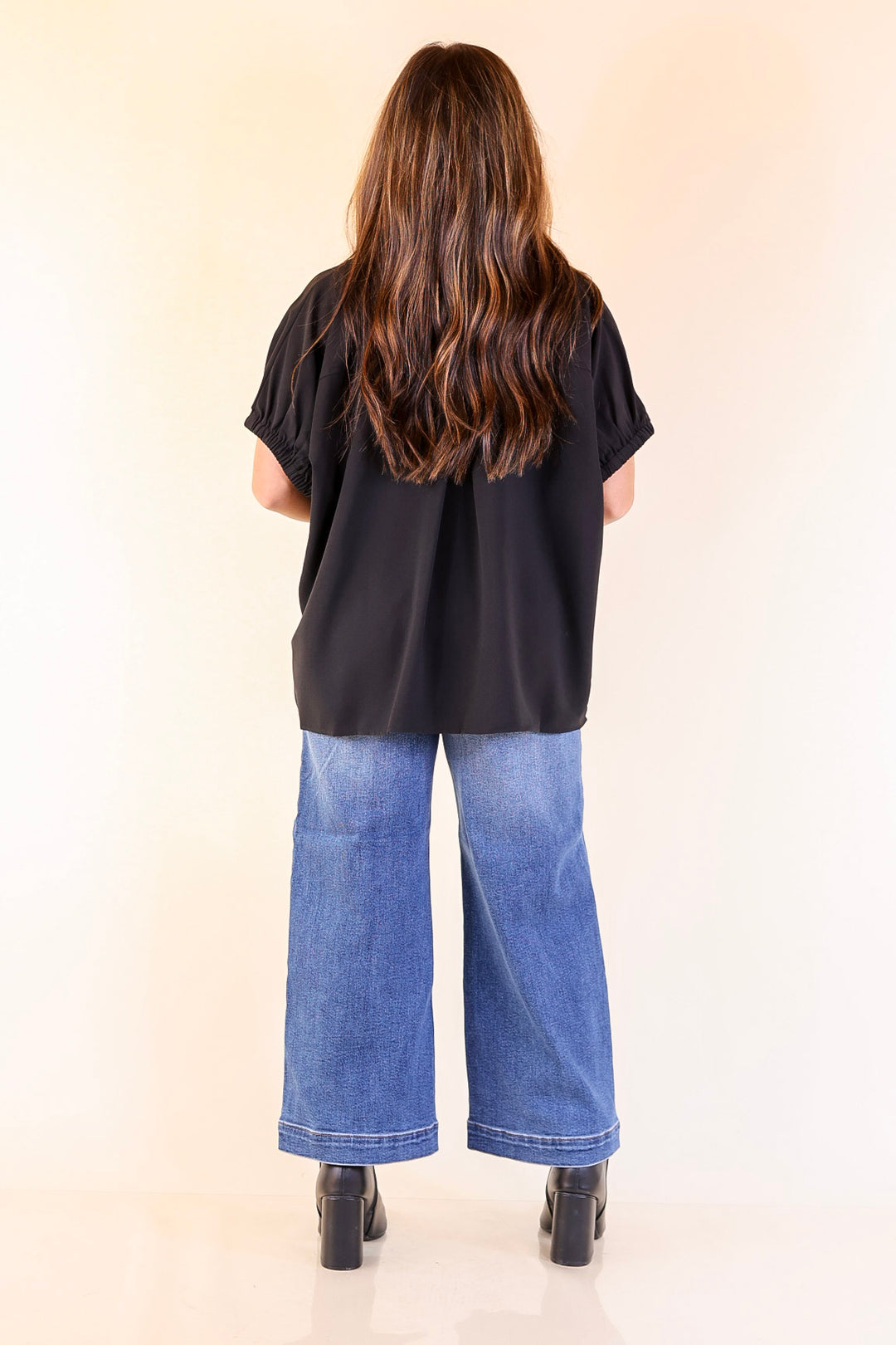 Fresh Start Collared V-Neck Blouse With Drop Shoulder in Black