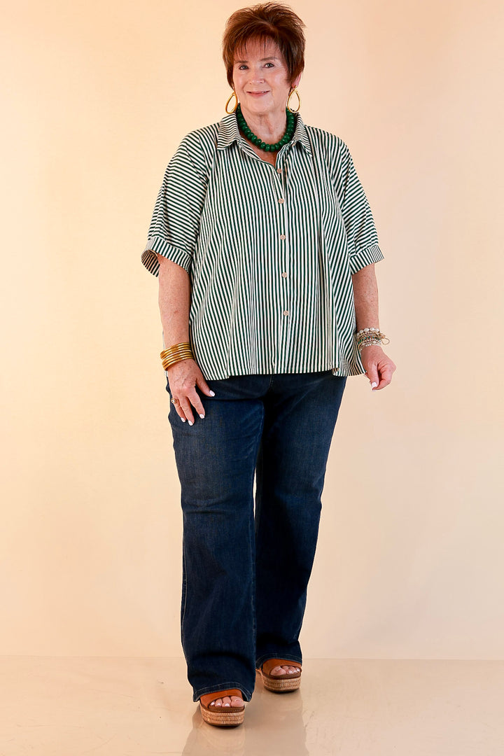 Perfectly Aligned Button Down Collared Top with Vertical Ivory Stripe Detail in Forest Green