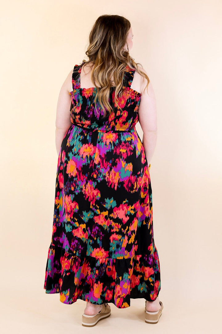 My Night Out Smocked Bodice Dress with Multicolor Abstract Print in Black