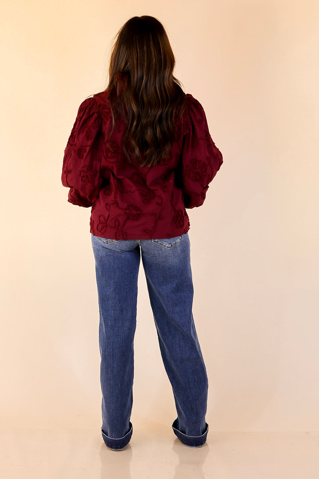 Timeless Romance Ruffled V Neck Floral Applique Embroidered Top in Maroon