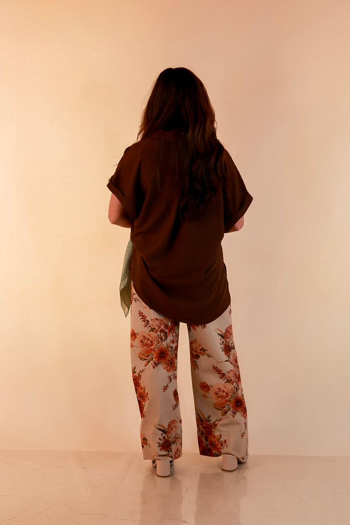 Timeless Appeal Woven Airflow Button Front Top with Rolled Cuff Short Sleeves and Front Pocket in Chocolate Brown