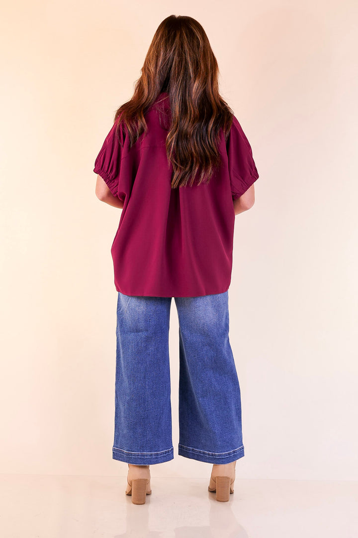 Fresh Start Collared V-Neck Blouse With Drop Shoulder in Maroon
