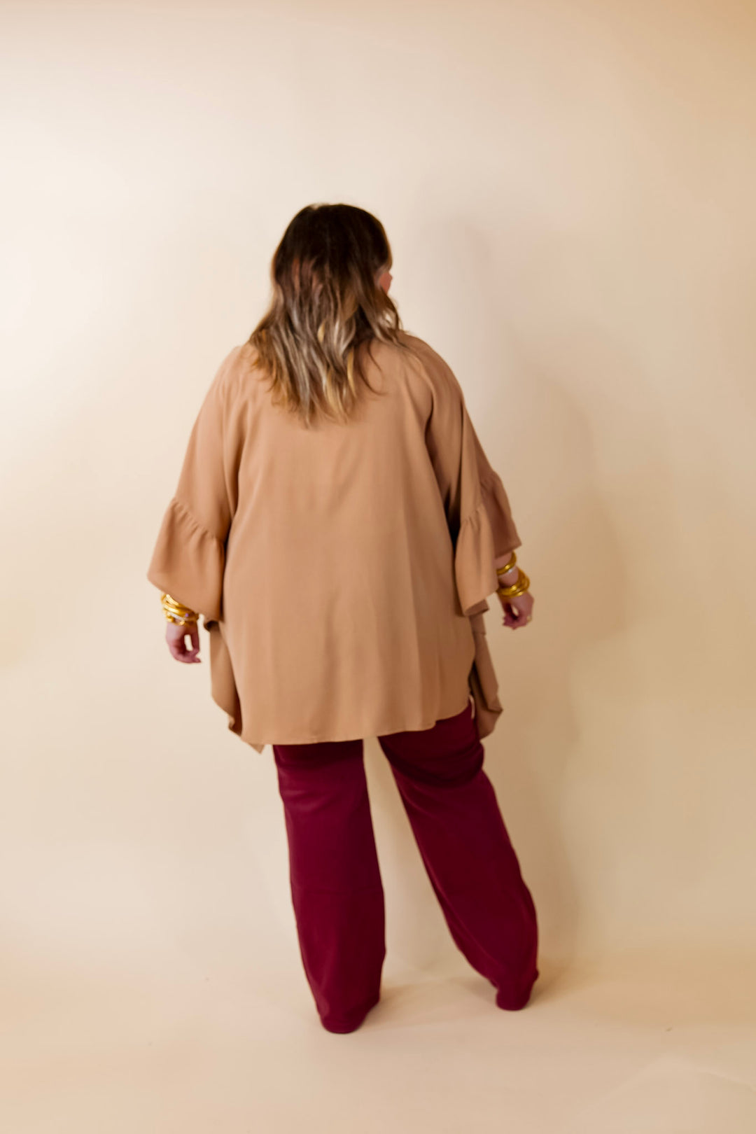 Secret Strength Ruffle Detail Poncho Top in Mocha Brown - Giddy Up Glamour Boutique