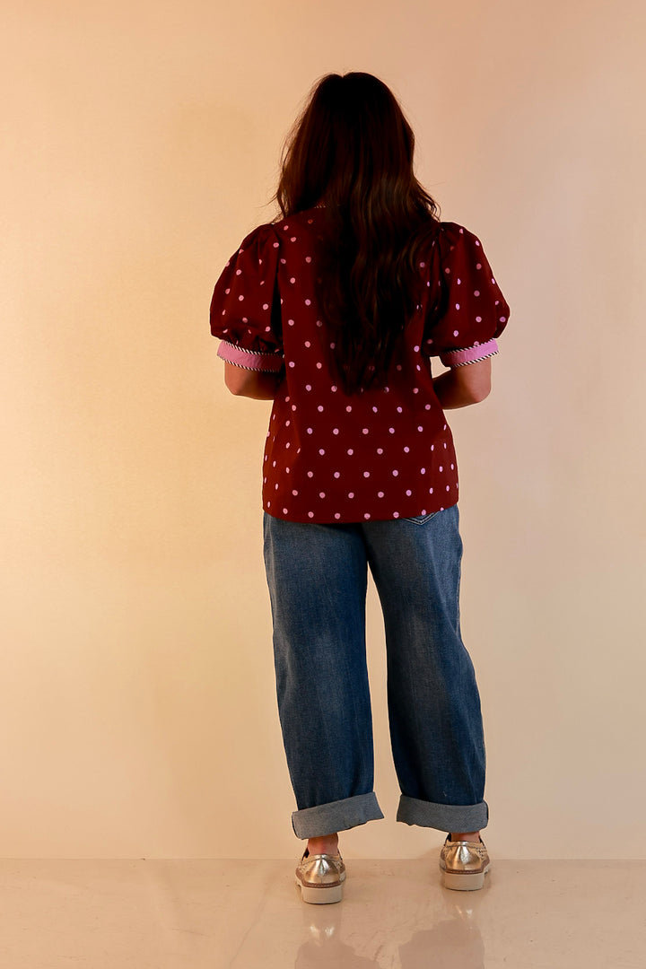 Pop of Polish Short Puff Sleeve Button Front Polka Dot Print Top with Contrast Trim in Maroon and Pink
