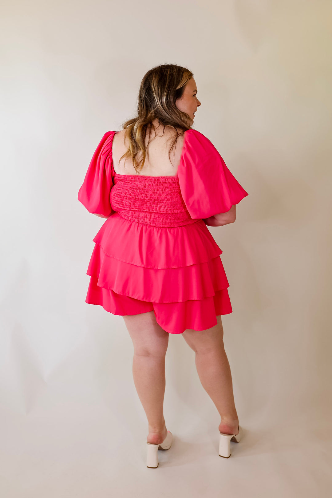 I Want It All Tiered Romper With Puffed Sleeves In Fuchsia Pink - Giddy Up Glamour Boutique