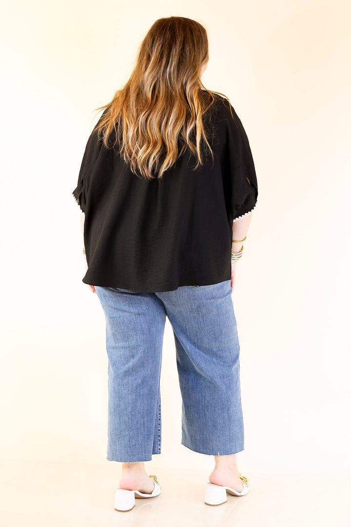 In Good Company Button Up Top with Scalloped Trim Stitching in Black