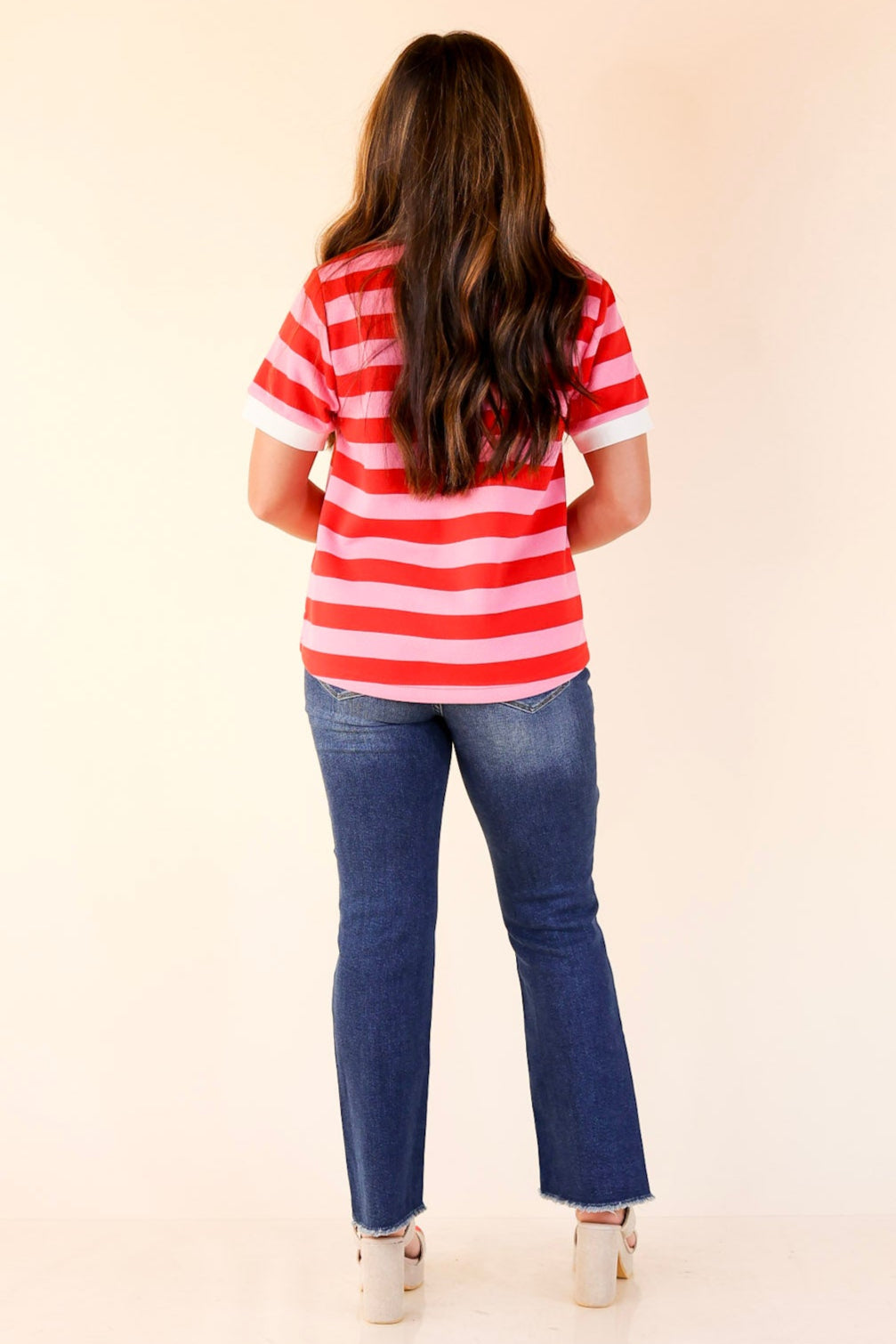 Statement in Stripes Short Sleeve Collared Shirt with Stripes in Pink