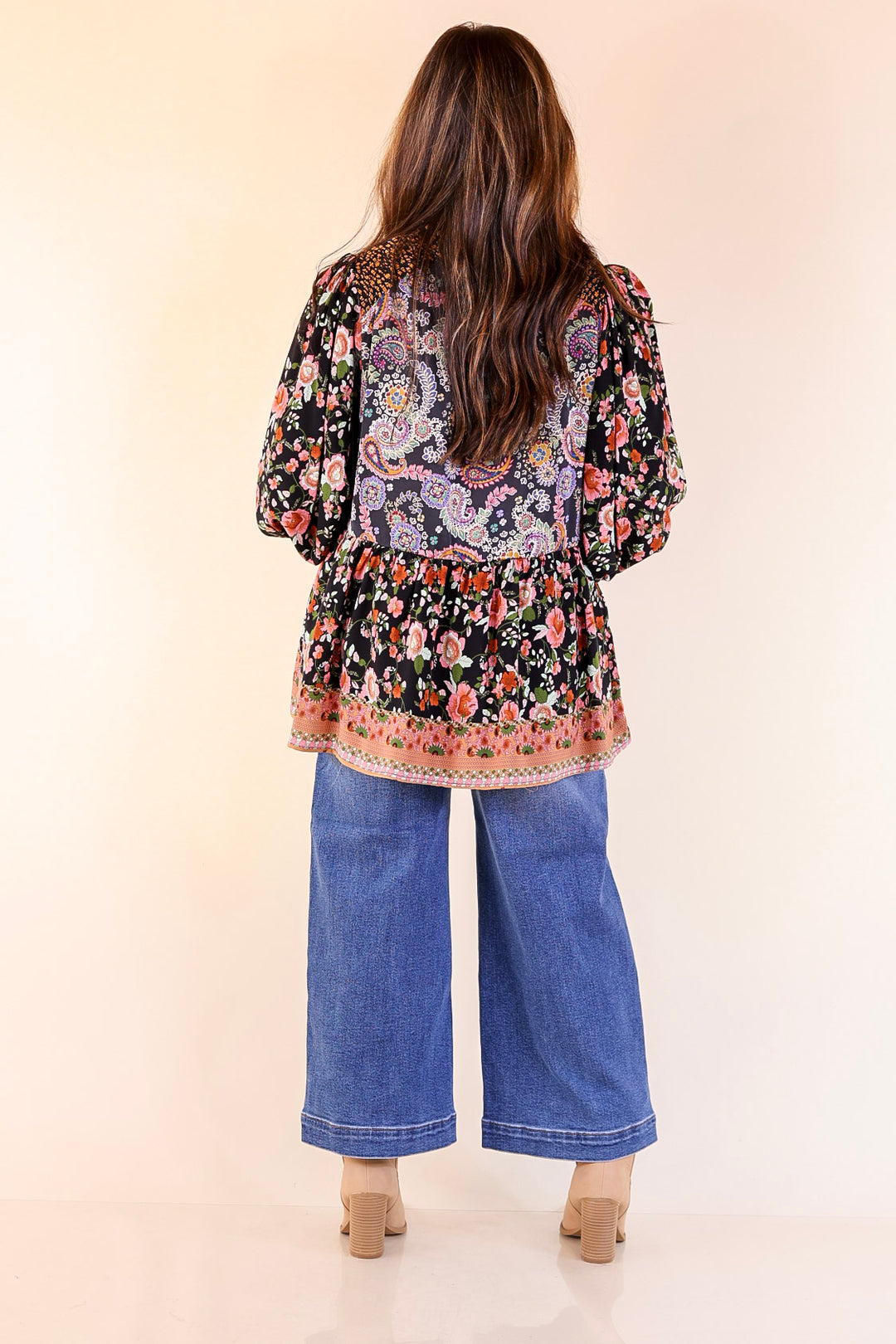 Floral Fusion Long Sleeve Floral Print Top in Black